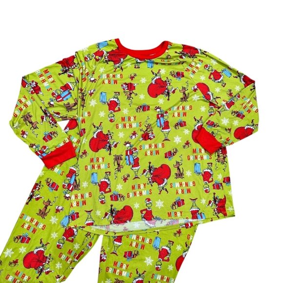 The Grinch Dr Seuss Mens Christmas Pajama Set Size 2X (50-52) Green Red Soft - Picture 2 of 8